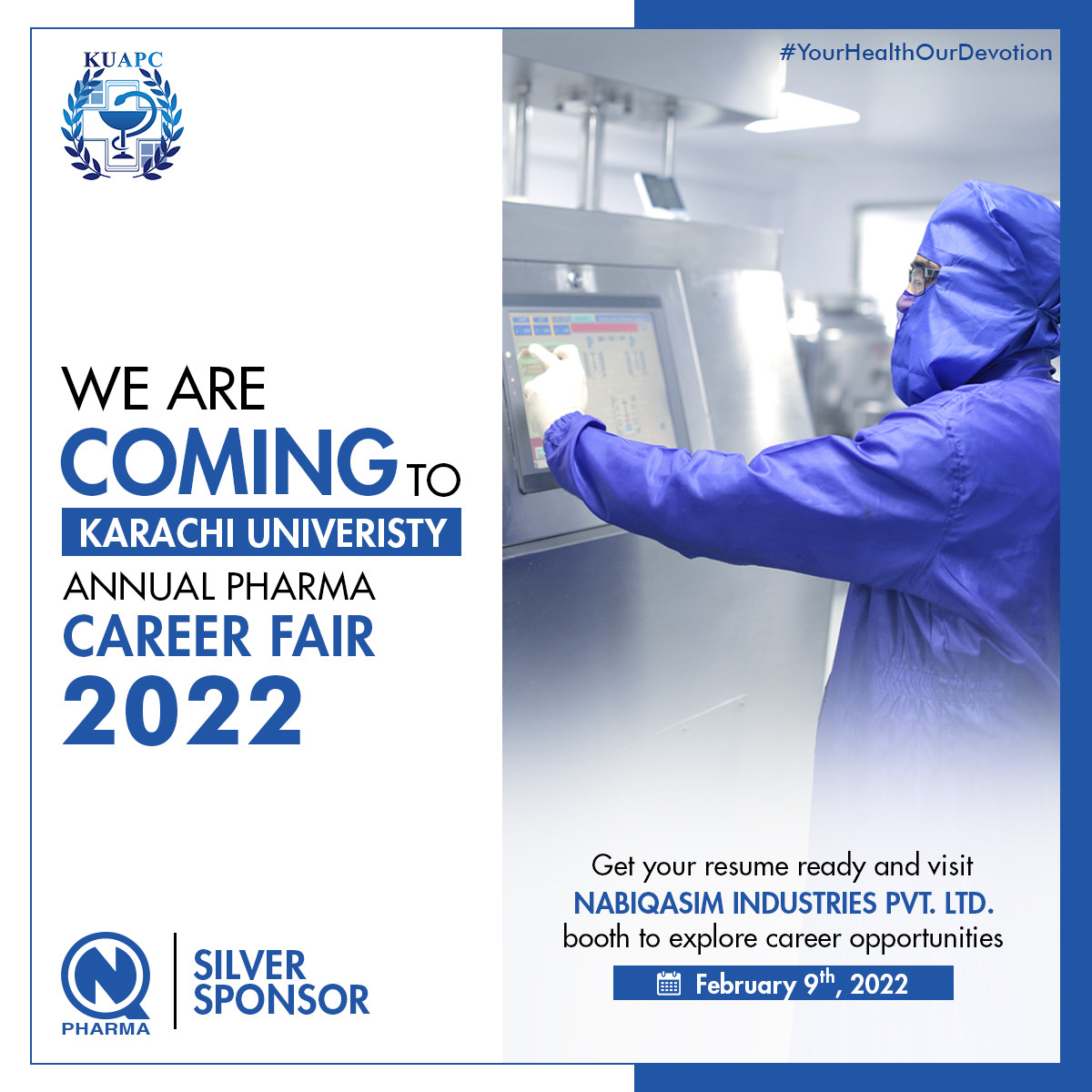 NabiqasimPvtLtd's tweet photo. On February 9th, 2022, #NabiqasimIndustries Pakistan's leading pharmaceutical company, will visit Karachi University Annual Pharma Career Fair #KUAPC as a Silver Sponsor to meet future leaders. Visit our booth to learn more about us and get one-on-one career counselling advice. https://t.co/fyrh3W8UIZ