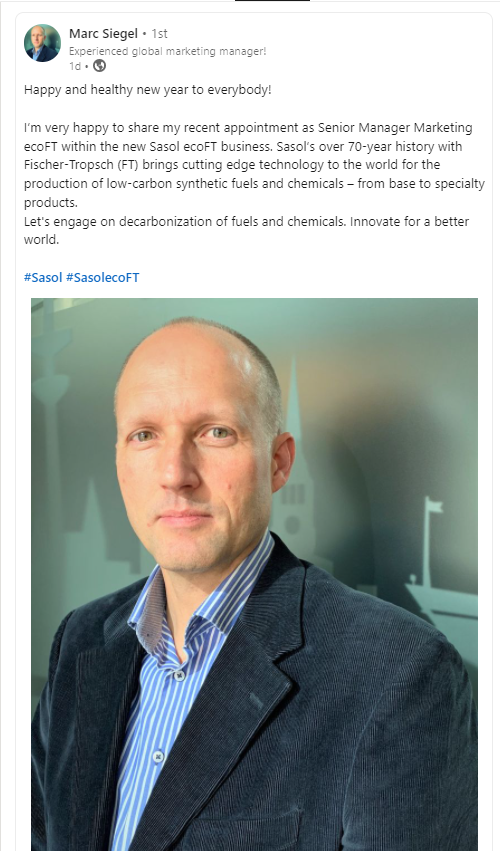 concerningmj's tweet photo. Congratulations to my @SasolSA colleague Marc Siegel who was appointed Senior Manager Marketing in our new #SasolecoFT business. Connect with Marc on Linkedin https://t.co/w8H9T5zDOw and click here to learn more about #ecoFT https://t.co/rmX2IFdkKp https://t.co/NpQNZOkaNZ