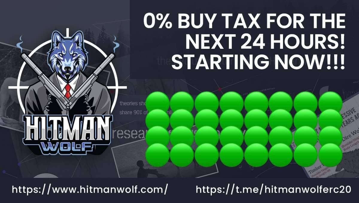 HitmanWolfErc20's tweet photo. To celebrate the release of our first artistic concept for Hitman Wolf NFT's we have started a sale promo of 0% buy tax for the next 24hrs starting now!! Load up your bags! 

#HitmanWolf #AssasinsDen #HitmanNFT #ERC20 #ethereumNFTs  #Crypto #cryptocurrecy https://t.co/llzPIVX3xK