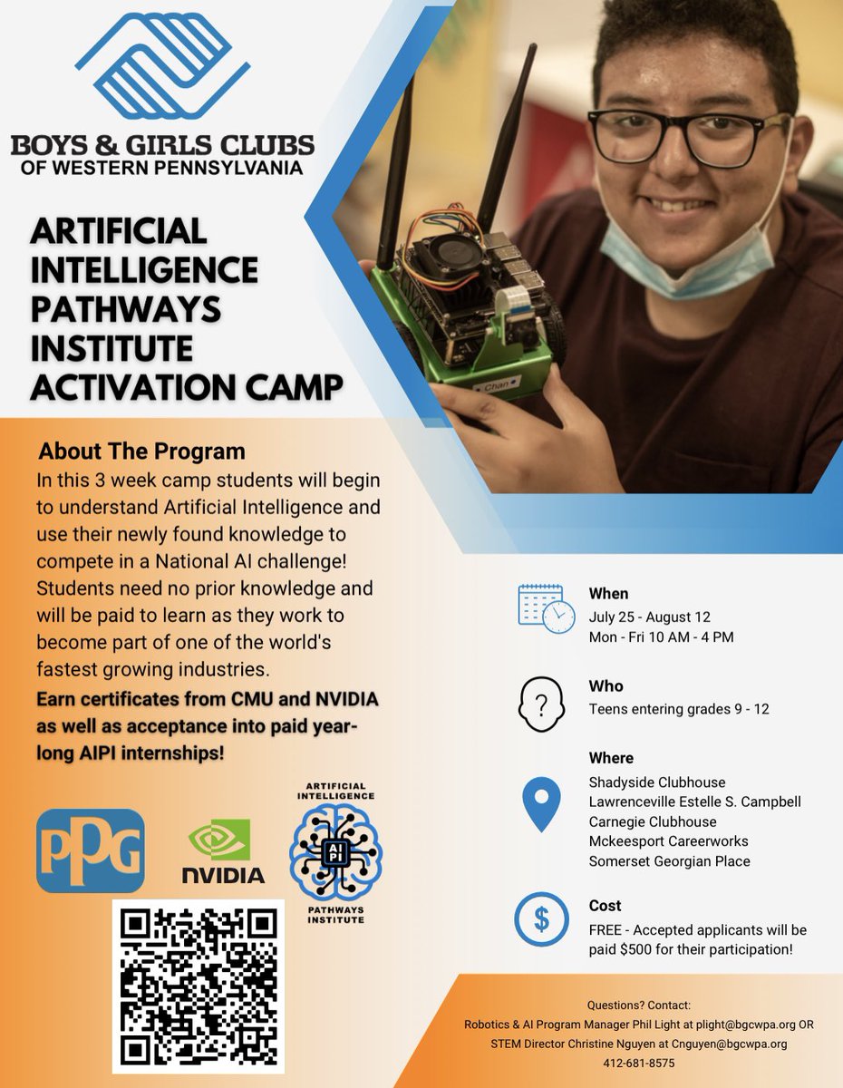 Learn21Tech's tweet photo. .@bgcwpa @PPG AIPI is returning this summer! Youth earn stipends and can stay on after the summer for our year-round programming where they can earn @nvidia certifications and more! #Pittsburgh #somerset #stem #ai #CsforPgh https://t.co/3KS0cDlkjf