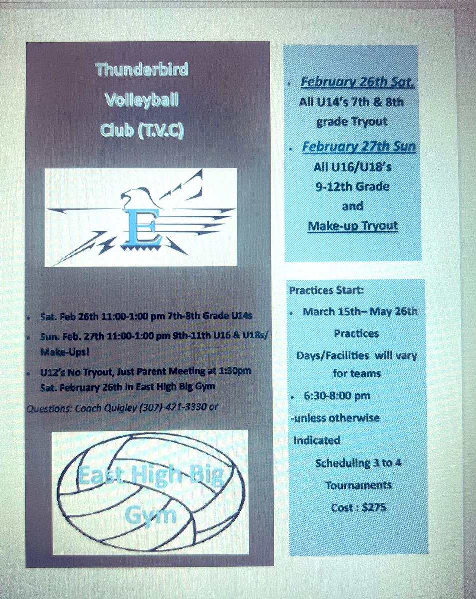 EastHighVolley1's tweet photo. Thunderbird Volleyball Club (T.V.C) Tryouts on Saturday/Sunday February 26th or 27th at East High Big Gym,

Pre-Register at this link:

https://t.co/M7B9kpY3Ix https://t.co/Nz3l5bErxA