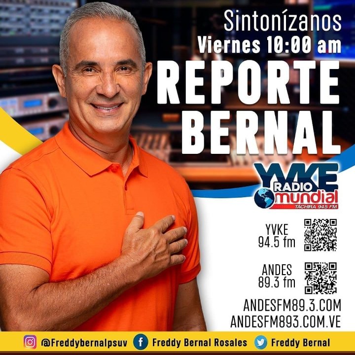 Mi gente de #Táchira, mañana Viernes #28Ene a partir de las 10:00 am los invito a sintonizar #ReporteBernal, transmitido por <a href="/YvkeTachira/">Yvke Tachira</a> 94.5 FM junto al Afrodescendiente de la Comunicación <a href="/arguelloyepfri/">Yepfri Arguello</a>. 

¡Puedes escucharme desde donde estés escaneando el código QR!