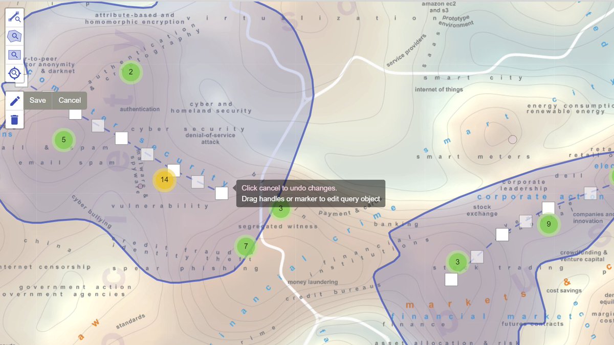 And then there's expert mode, where you draw on the map to issue queries.
Like this editable search of 20 years of tech news, drawn as two transects, one in #ComputerSecurity, the other from #FinancialMarkets through #VentureCapital to #ElectronicCommerce: share.bigknowledge.net/7EQq
