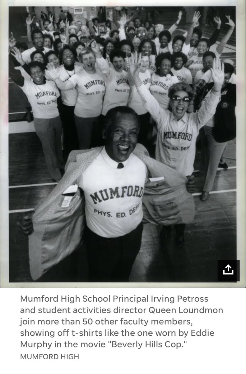 Here is a good ole 1980s DPS throwback to Mumford High School following the release of “Beverly Hills Cop”, and the Mumford physical education t-shirt worn by Eddie Murphy in the movie, which made Mumford the talk of Detroit. <a href="/Detroitk12/">DPSCommunityDistrict</a>