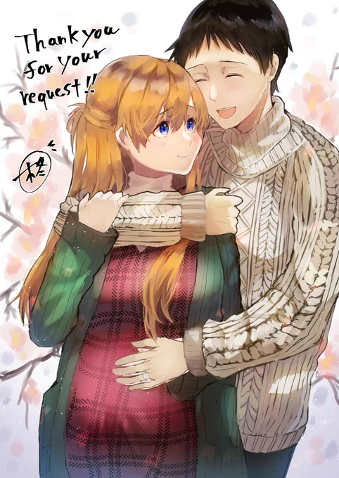スケブイラスト納品しました!妊婦のアスカを抱きしめるシンジくん。18歳以上の二人です✨ 
リクエストありがとうございますた(⋈◍>◡<◍)。✧♡
#エヴァンゲリオン 
#碇シンジ 
#惣流・アスカ・ラングレー 
#式波・アスカ・ラングレー
#LAS 
#Skeb 