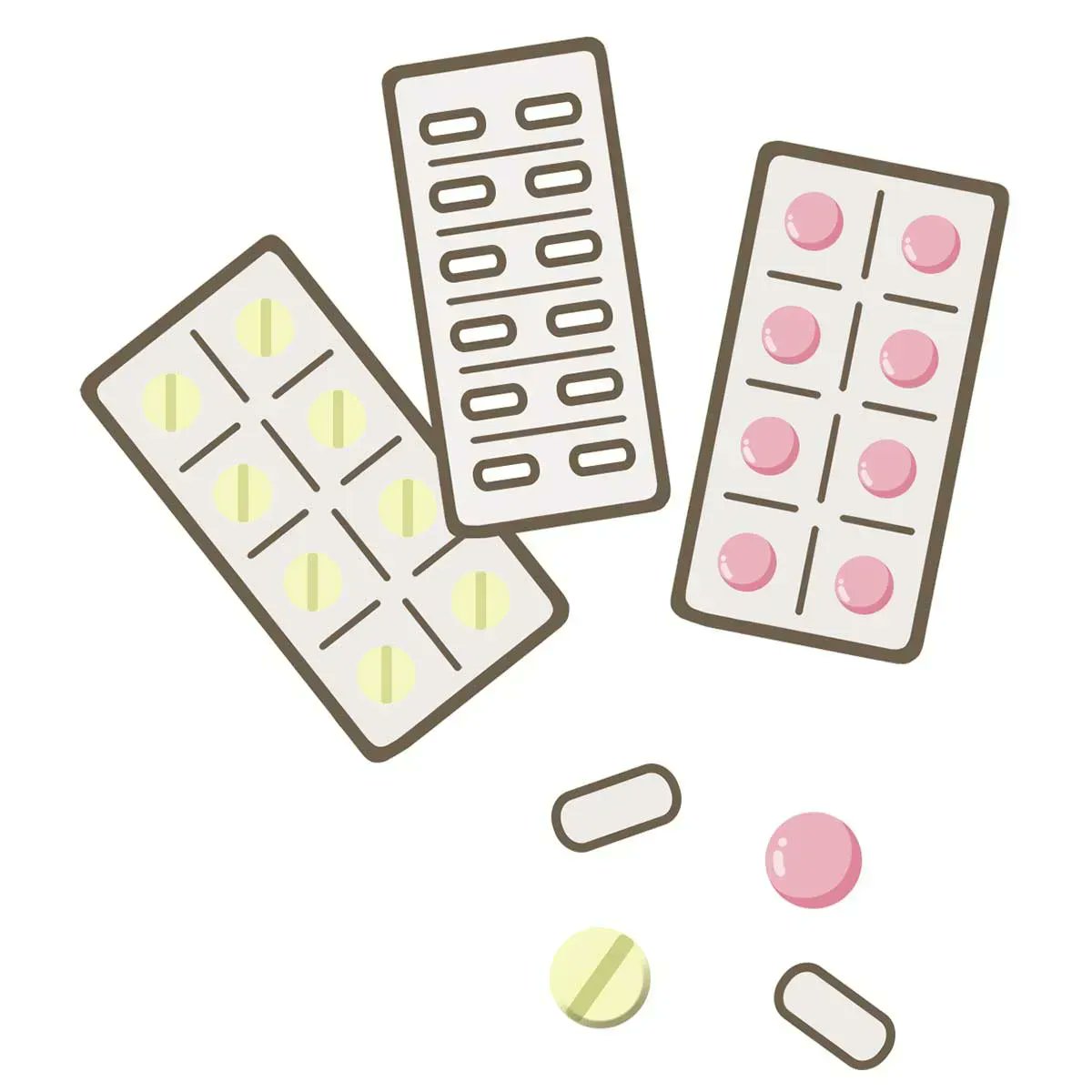 看護師 イラスト集 看護roo いろいろな形や色の内服薬 経口摂取薬 の錠剤 カプセルが Ptp包装シートの状態と中味が散らばった状態のイラストです フリーイラスト フリー素材 看護師イラスト集 看護師 イラスト集 内服薬とptp包装シートと