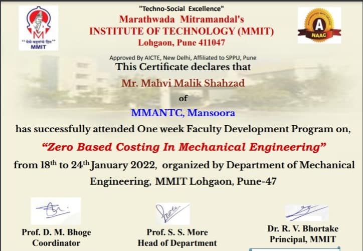 JamiaMohammadia's tweet photo. Congratulations to Prof. Mahvi Malik Shahzad* of MMANTC has successfully attended a one-week faculty development program on "Zero Based Costing in Mechanical Engineering" Organized by MMIT, Lohegaon, Pune.
#mmantc #jamia #mohammadia #malegaon #mansoora https://t.co/SyQJnDUFE1