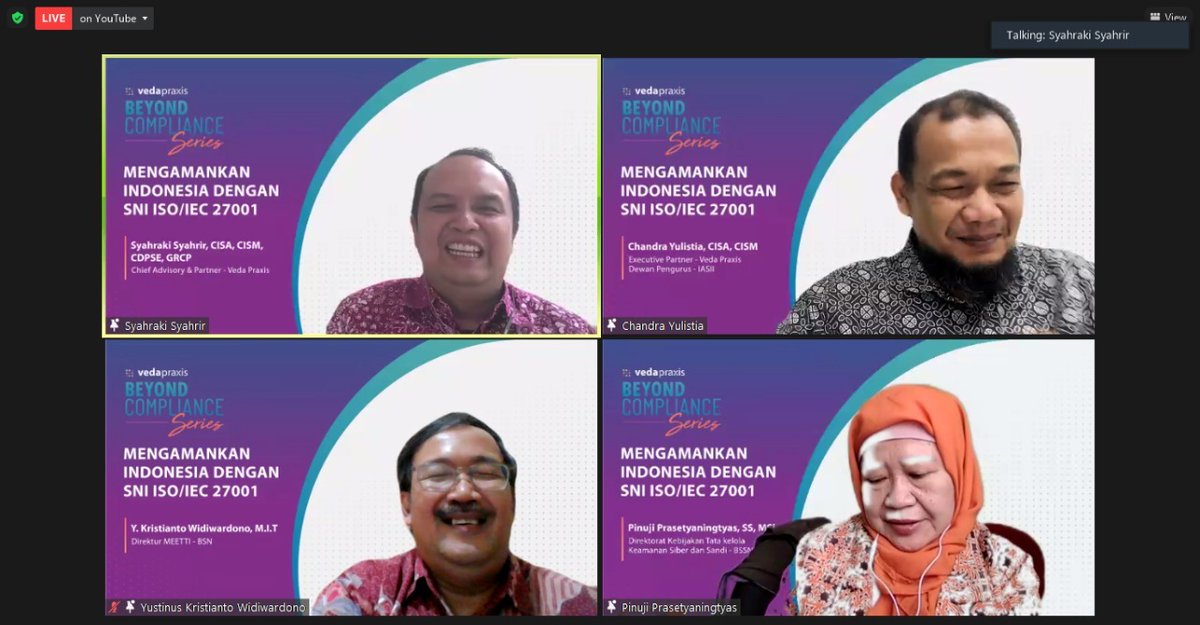 Veda_Praxis's tweet photo. Let's give some applause for Bpk. Y. Kristianto Widiwardono - @bsn_sni , Ibu Pinuji Prasetyaningtyas - @BSSN_RI , Bpk. Chandra Yulistia and Bpk. @Syahraki for the engaging discussion in Webinar Beyond Compliance Series: Mengamankan Indonesia Dengan SNI #ISO /IEC 27001 yesterday! https://t.co/OUcZcMczKc