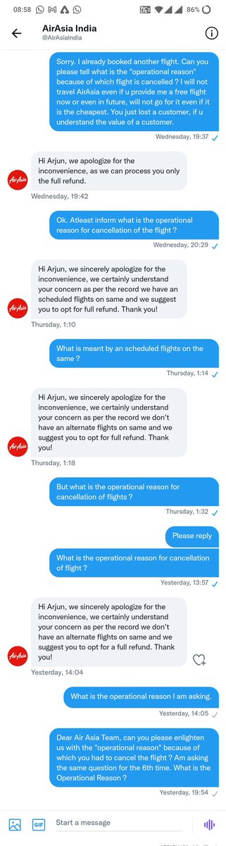 arjun_ps's tweet photo. @AirAsiaIndia : what is the operational reason for cancellation of flight No I5-423 on 2nd Feb. Have been asking you several times on Direct message but without reply ? https://t.co/DX9IHdNggv