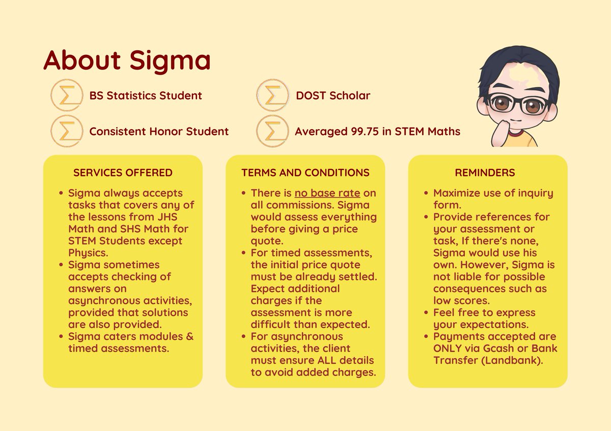 hi! welcome to Sigma's field. let us solve each other's problems to create bigger established circles -- circles that would serve as safe spaces for struggling students in Math 🤗

to know how statistically significant Sigma's help would be, you may check #SIGMAGaling 📈📈