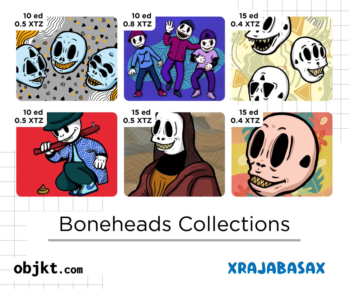 XRAJABASAX's tweet photo. Hello, I try to bundling my Bonehead collections. So perhaps you can see the whole drops. If you curious, please check here
https://t.co/xsLaBKSvaW
#nft #nftcollector #nftart #CleanNFT #tezos #xtz #objktcom #NFTCommumity https://t.co/FOZeK4tkXy