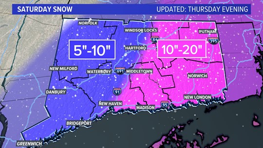 FOX61News's tweet photo. The forecasted snow totals for Saturday have been updated as the storm's path becomes a bit more clear. The final numbers are still uncertain, but it will be a snow day for sure. ❄️

The FOX61 Weather Watch team is keeping track of the storm here >> https://t.co/jHiYt3Dbxw https://t.co/kEsqeuEyFz