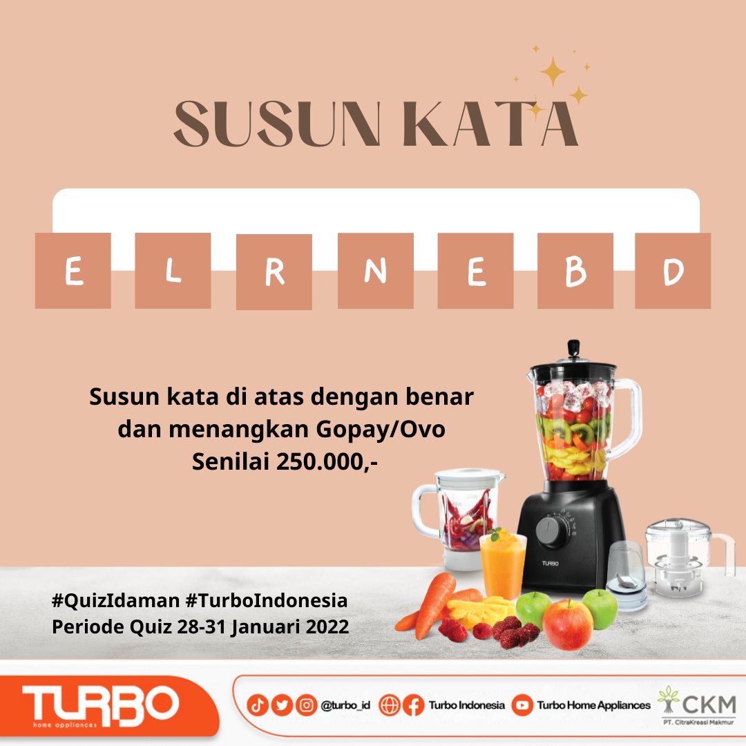✨GIVEAWAY ALERT✨

Teman Idaman, Yuk ikutan #QuizIdaman yang berhadiah Gopay/Ovo senilai 250.000,- 

Kali ini Turbo mengajak kalian untuk menyusun kata-kata di atas dengan benar

Syaratnya : cek di instagram &amp; facebook Turbo ya😊