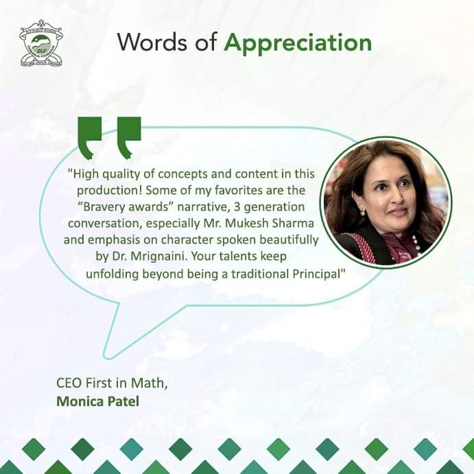 CEO First in Math, Monica Patel, An invincible part of our school curriculum has praised our efforts  in the premier "तिरंगे की कहानी, डेल्फाइट्स की ज़ुबानी" and endorsed our School Head Ms. Dimple Puri for same. #appreciationpost
<a href="/dp_2211/">Dimple Puri</a> <a href="/Mrignaini3/">Mrignaini</a> <a href="/AboutImpact/">Monica Patel</a> <a href="/Upasnakiumang/">upasna Choudhaary</a>