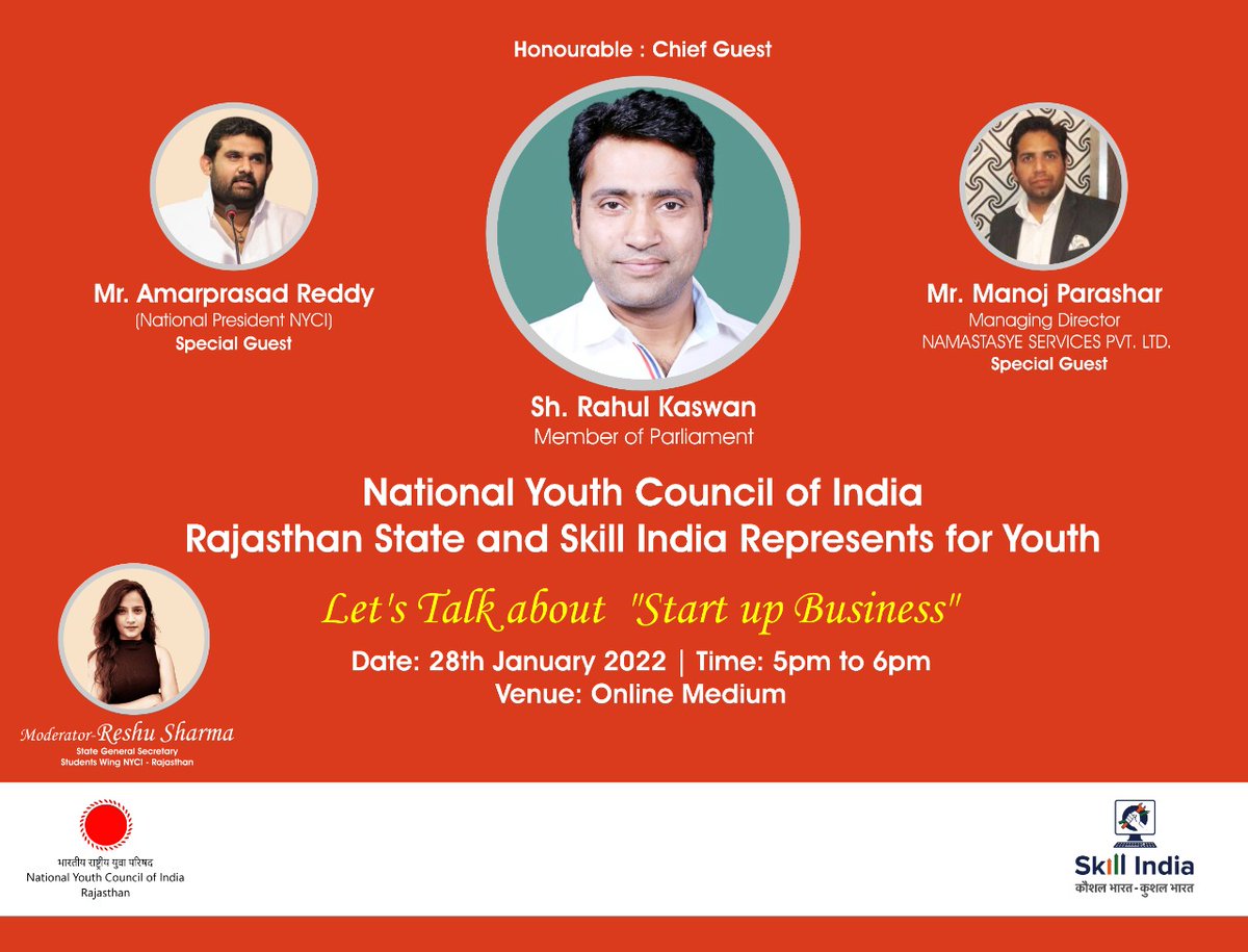 National Youth Council of India, Rajasthan &amp; skill India represents for youth an energatic &amp; knowledgeable online discussion.
*Let's talk about "Startup Business"*
Friday, 28 Jan  •  5:00 – 6:00 pm
Google Meet joining info
Video call link: meet.google.com/oeq-juix-vyj
<a href="/RahulKaswanMP/">Rahul Kaswan</a>