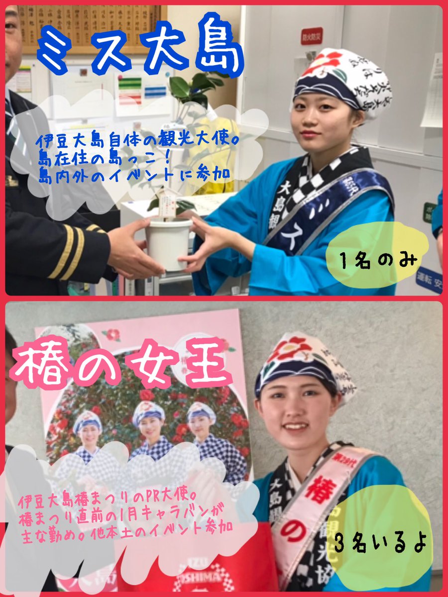 というわけで、「椿の女王とは何か」シリーズをぼちぼち呟きます。

まず伊豆大島には２種類のミスがおります。わかりやすく言えば…
①ミス大島→伊豆大島の観光大使＠miss_oshima 
②椿の女王→伊豆大島椿まつりのPR大使

#伊豆大島 #観光大使 #必見 #椿の女王