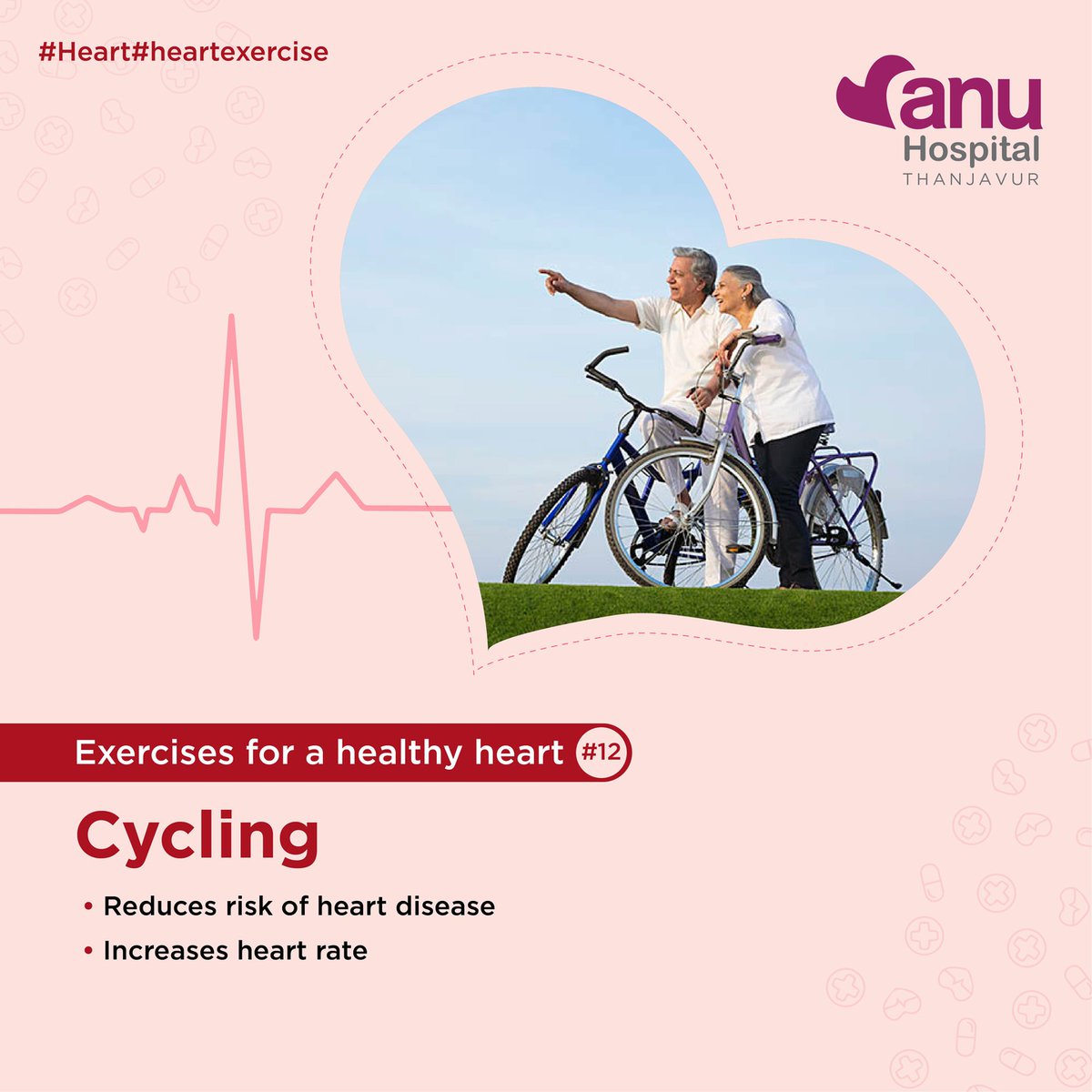 anu_hospitals's tweet photo. #𝟏𝟐: 𝐂𝐲𝐜𝐥𝐢𝐧𝐠

It reduces the risk of heart disease. It utilizes the large muscles found in legs, thus helping to increase your heart rate.

#Heart #heartexercise #cycling https://t.co/O3LGJZHxT1