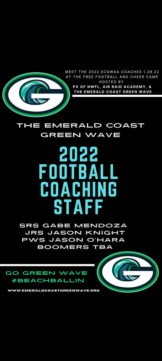 Emerald Coast Green Wave (@ecgreenwave) on Twitter photo 🚨 ANNOUNCEMENT 🚨
We are excited to introduce our 2022 Green Wave Football Coaching Staff! All of our football coaches are Heads Up Certified with USA Football, as well as, <a href="/AirRaidCert/">Air Raid Certification 🏴☠️</a> @AcademyRaid
<a href="/USAFootball/">USA Football</a>
#GoGreenWave
#AirRaid #AirRaidCertified
#beachballin
#ECGWAA 🚨 ANNOUNCEMENT 🚨
We are excited to introduce our 2022 Green Wave Football Coaching Staff! All of our football coaches are Heads Up Certified with USA Football, as well as, <a href="/AirRaidCert/">Air Raid Certification 🏴☠️</a> @AcademyRaid
<a href="/USAFootball/">USA Football</a>
#GoGreenWave
#AirRaid #AirRaidCertified
#beachballin
#ECGWAA