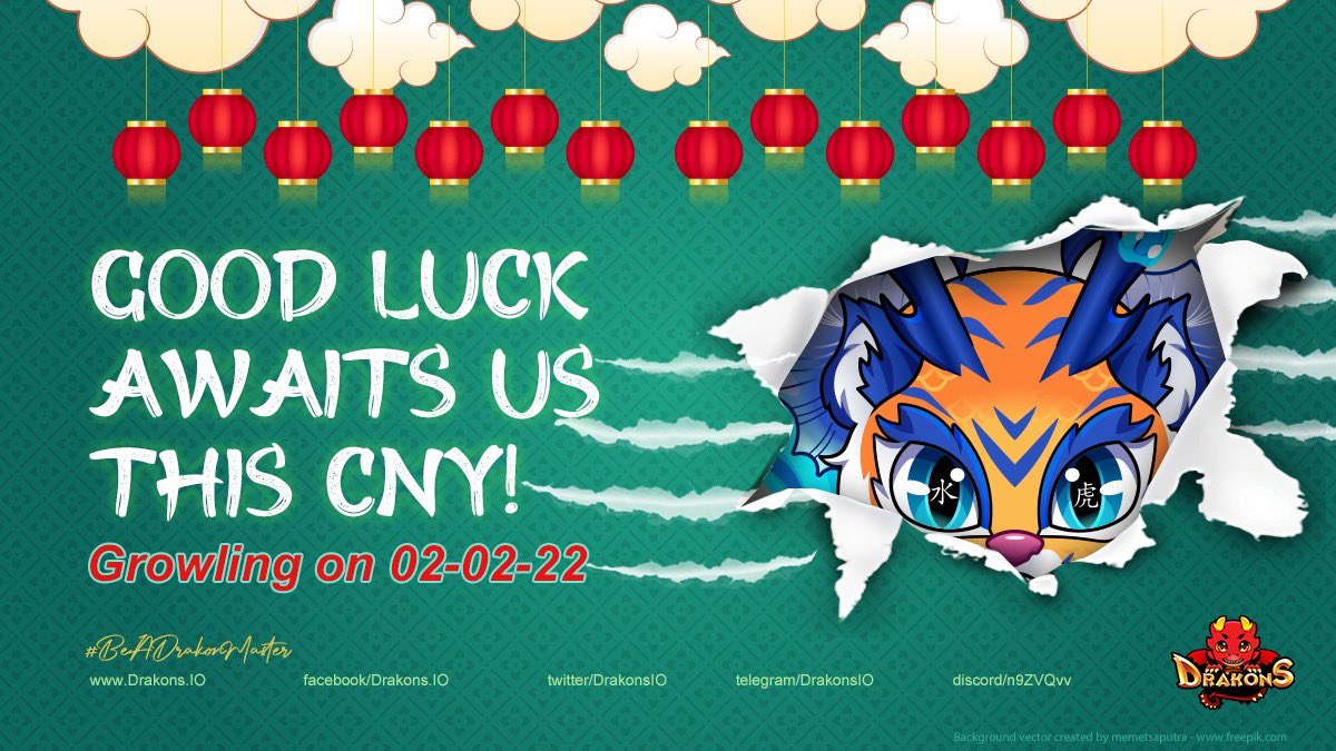 An epic growl comes our way this #LunarNewYear 

Excited for the coming #CNY2022! <a href="/DrakonsIO/">Drakons</a> offers you a wonderful #luckycharm 🐯🌊🐲 dropping on this lucky day 02.02.2022

<a href="/coinkit_/">CoinKit</a> com 1 300 DGB #BeADrakonMaster