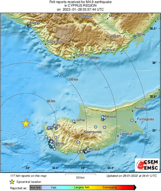Map of felt reports received so far following the #earthquake M4.9 in Cyprus Region 45 min ago