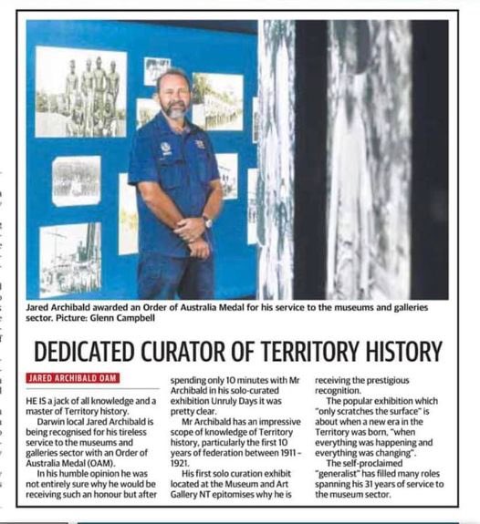 amaga_nt's tweet photo. @amaga_nt congratulates Jared Archibald on receiving an Order of Australia Medal in the Australia Day Honours for his services to museums and galleries. @MAG_NT #NTnews https://t.co/6yYTpXbzJH