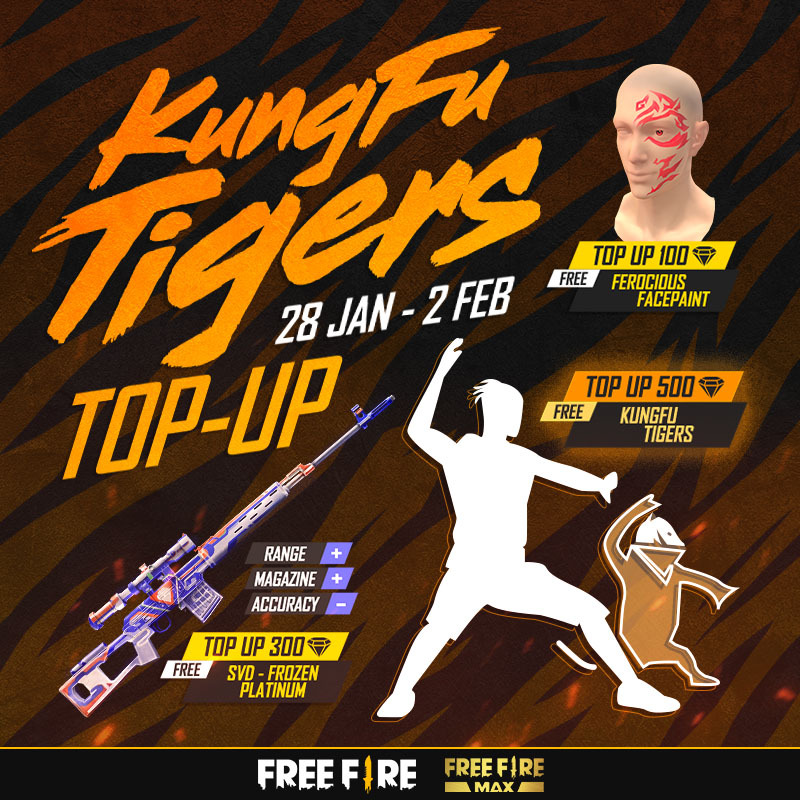 Survivors, the Kungfu Tigers Top-Up is here! 🔊 Top up 100, 300 and 500 diamonds to get exclusive merch absolutely free! 🎁 Get the item before the top-up event ends on 2 February 2022. ⏳ #FreeFire #FreeFireIndia #IndiaKaBattleRoyale #Booyah