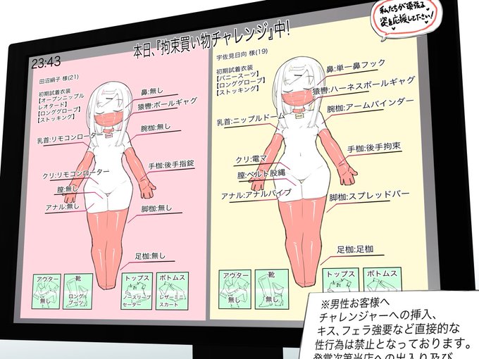 某アダルトグッズ&amp;コスチューム店店内モニター。
月初めは高額フェチ衣装を求めるレイヤーさんがちらほら。
拘束状態でカゴに入れられた商品は全て無料となる『拘束買い物チャレンジ』。拘束内容は完全抽選。運が良ければ『拘束無し』もあり得るが…? 