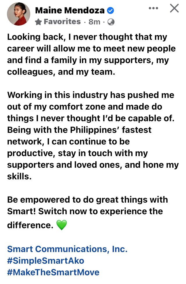 sofiadeicm's tweet photo. Maine’s FB post!
#MaineForSmart @LiveSmart
“Be empowered to do great things with Smart! Switch now to experience the difference.” 💚
#SimpleSmartAko #MakeTheSmartMove
Like & Share
🔗 https://t.co/EMHPTUDSKb
MAINE MENDOZA SimpleSmartAko
#MaineMendoza @mainedcm https://t.co/7auGR47QH7