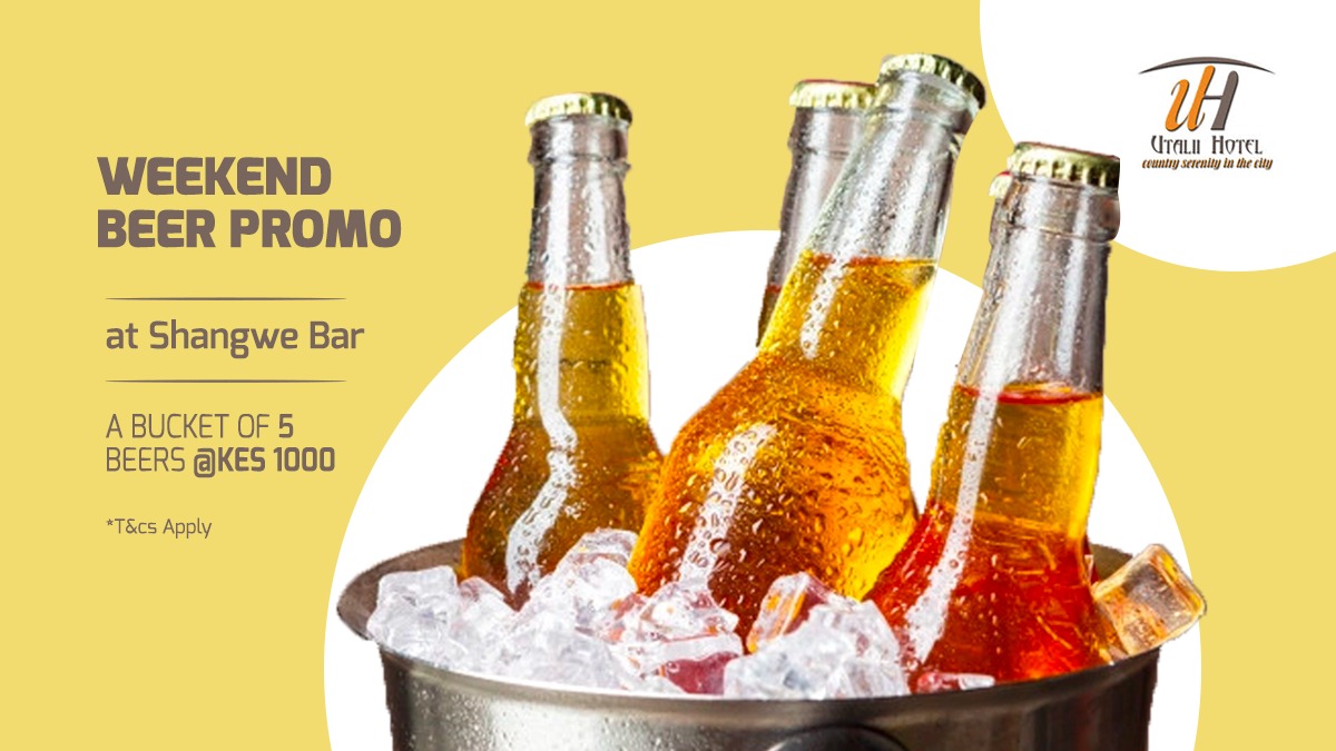 Utalii_Hotel's tweet photo. Kick start your weekend with our weekend Beer promo and get to enjoy a bucket of 5 beers for only Kshs.1000/=
Every Friday, Saturday and Sunday at Utalii Hotel Shangwe Bar.
#beers #beerpromo #weekenddeals #bar #hotelsinnairobi #UtaliiHotel https://t.co/YCp6S23GwE