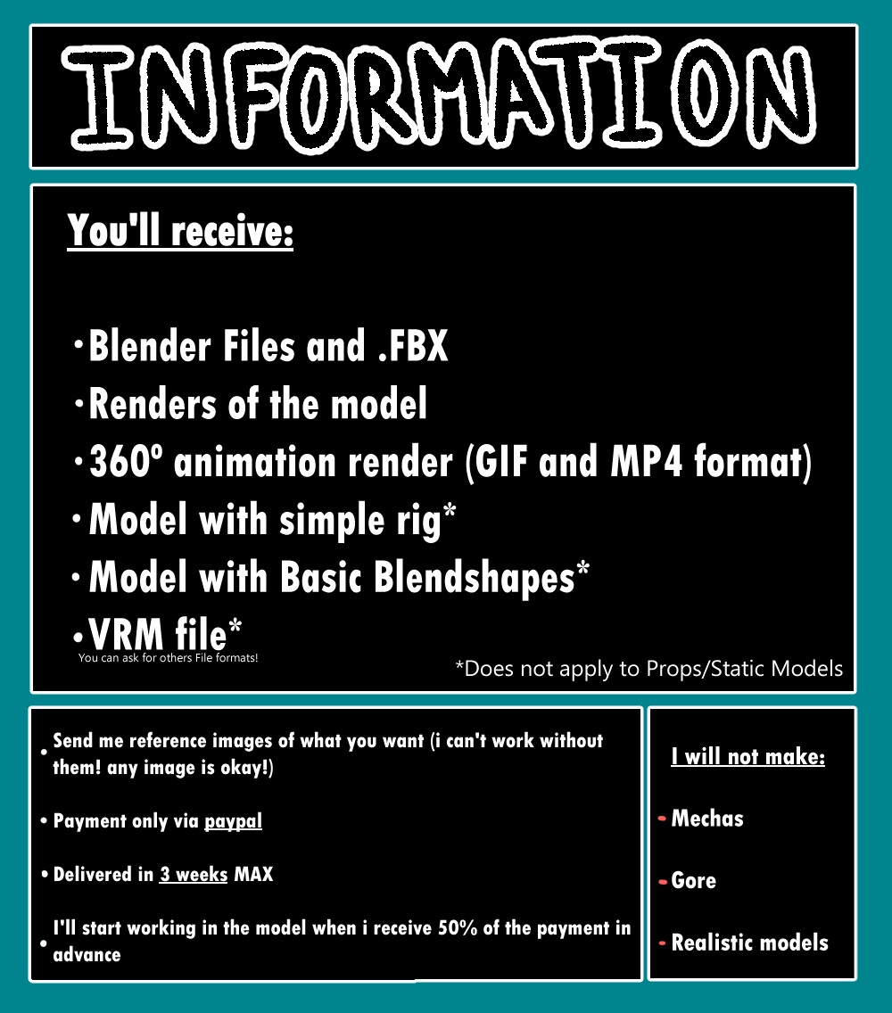 I need a new pc (and other things to exist), so COMMISSIONS OPEN! (officially)

I'll glad to make you a cute (or cursed) 3d model, DM me if you want one (~˘▾˘)~

3 slots available this month 