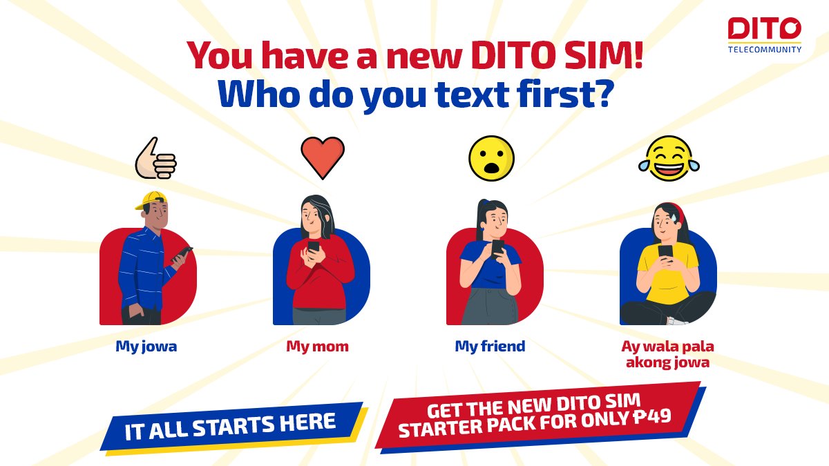 DITOphofficial's tweet photo. Sure feels different when you have something new.

It all starts HERE. For only P49, get a DITO SIM with 3GB of data plus unli calls and texts and more! 

Get an additional 2GB FREE when you activate your DITO SIM from Jan 27 to Mar 31, 2022.
Promo deets: https://t.co/rVO2znHnPX https://t.co/oPs8oBT8Zj