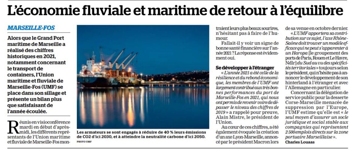 2021 a été celle de la résilience et du rebond économique, les membres de <a href="/UMFMarseilleFos/">UMF</a> ont largement contribué aux très bonnes performances du Grand Port Maritime de Marseille Fos, qui nous ont permis de revenir voire de dépasser les chiffres 2019 #maritime #marseillefos 🇫🇷⚓️