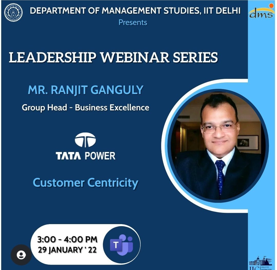 IIC_DMS_IITD's tweet photo. IIC @DMSIITD is delighted to host Mr. Ranjit Ganguly as a part of our Leadership Webinar Series. He will be addressing students on the topic: "Customer Centricity."
#dmsiitd #IITD #whereDreaMScomestrue #leadership #webinar #iic #bschool https://t.co/ilfF5qIXsF