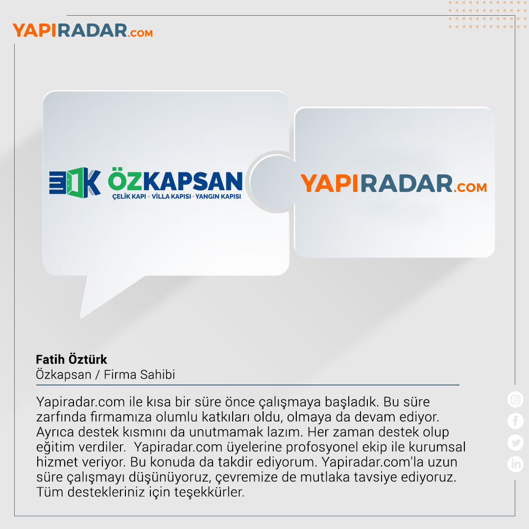 yapiradar's tweet image. Fatih Bey&apos;e güzel yorumu için teşekkür eder, Özkapsan&apos;a başarılar ve bol kazançlar dileriz. Daha büyük başarılara ulaşmak için heyecanla birlikte çalışmaya devam edeceğiz. 

#yapiradar #insaatprojeleri #sanalşantiye #özkapsan #özkapsanceli̇kkapi