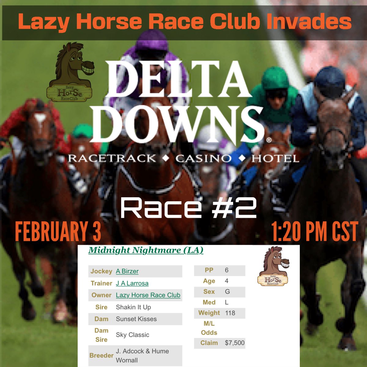 The inaugural race of #LazyHorseRaceClub is posted!  Join us at the track or via live stream on Feb 3rd to watch #MidnightNightmare run for our IRL team at #DeltaDowns - all #LazyHorses are welcome! 🏇Giddy up! 🏇#LHRC 
 equibase.com/static/entry/D… #CRO #CroFam