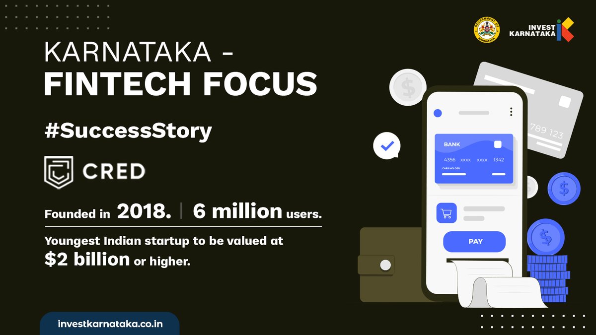 investkarnataka's tweet image. #FintechFocus #SuccessStory

With more than 6 million customers @CRED_club serves about 22% of all card holders and became the youngest Indian #startup to be valued at $2 billion or higher in 2021. Learn more - tcrn.ch/3IEc3g6

#InvestinKarnataka