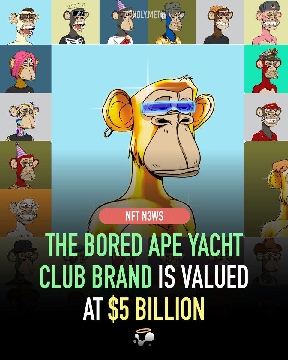 holymeta's tweet photo. $5 billion 🤯 Over $1.1 billion in total sales. Lowest price atm $230,000+ #nft #BAYC https://t.co/s8uzPtjxQM
