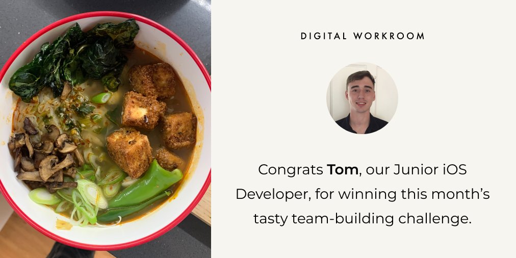 👨‍🍳Team-building or dream building

For #Veganuary, we set a challenge to make a vegan snack to share w/the team. 

Congrats to Tom, our Junior iOS Developer, for winning this tasty challenge.

A Spicy Ramen Bowl with fried tofu &amp; a <a href="/DeliciouslyElla/">Deliciously Ella</a>  cracker crumb.

#veganuary