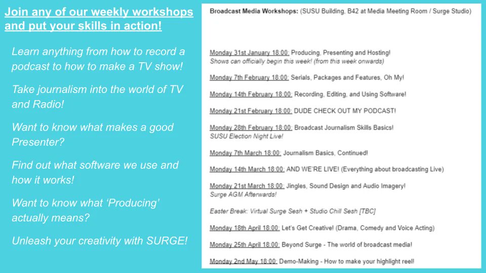 Upcoming Broadcast Media Workshops for TV, Radio and More!

Mondays at 18:00 in the B42 (SUSU Building) Surge Radio Studios / Media Meeting Room

Join our Discord to stay updated! discord.gg/XJ3uTc46SR

<a href="/Union_Soton/">SUSU</a> @SUSUtv