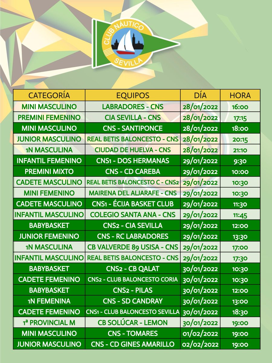 CNauticoSevilla's tweet photo. 📌🏀 #AGENDACNS de la sección de baloncesto
Partidos a disputar por los diferentes equipos del Club Náutico en las competiciones nacionales y provinciales del 28 de enero al 2 de febrero. https://t.co/o6TAJI2NMG