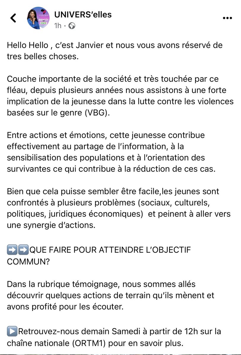 Hello Hello , c’est Janvier et nous vous avons réservé de tres belles choses. 

▶️Retrouvez-nous demain Samedi à partir de 12h sur la chaîne nationale (ORTM1) pour parler des actions et du rôle de la jeunesse dans la lutte contre les VBG