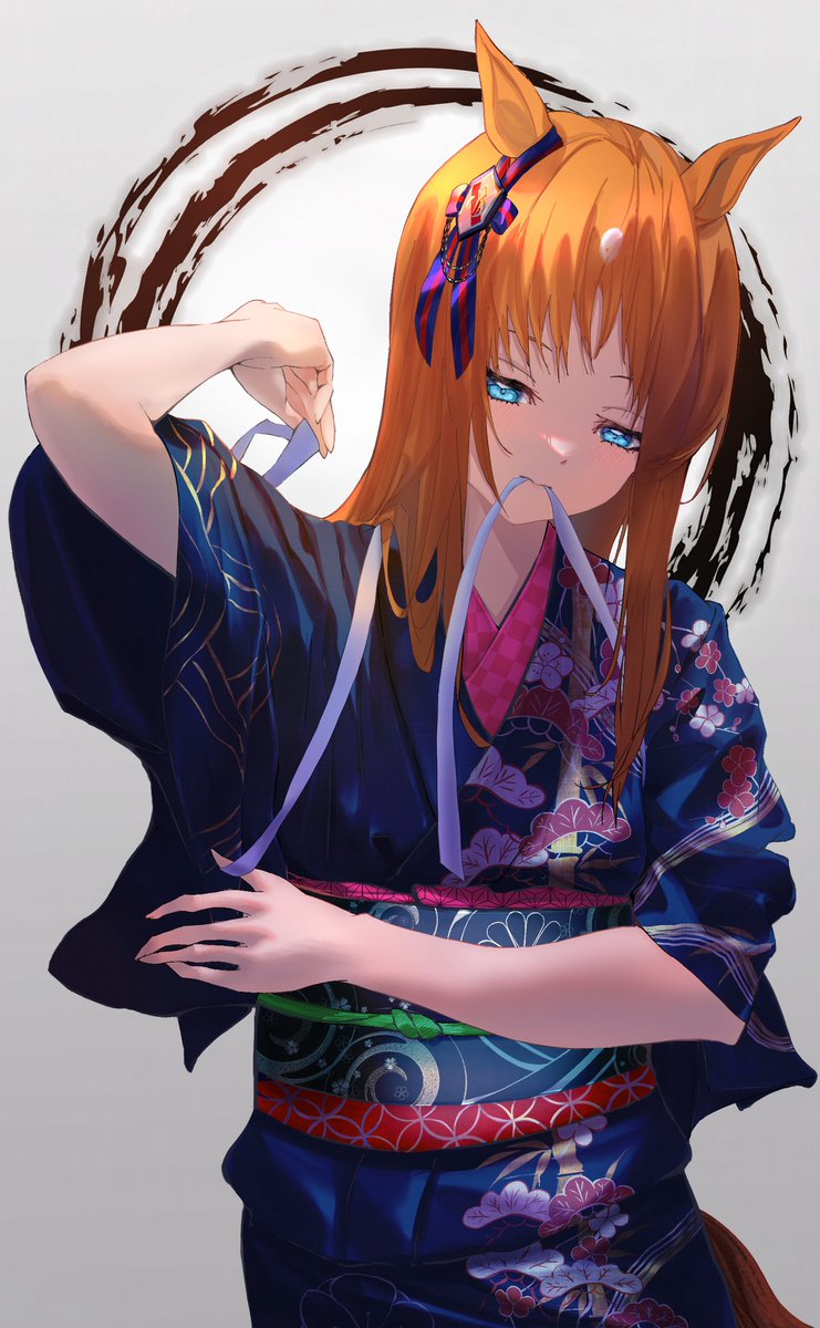manhattan cafe (umamusume) 1girl animal ears solo japanese clothes long hair kimono umbrella  illustration images
