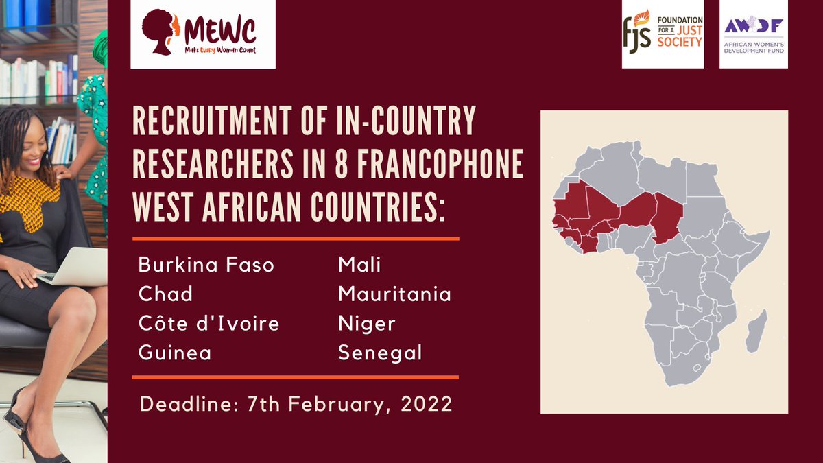MakeWomenCount's tweet photo. 🚨We're recruiting in-country feminist researchers in Francophone West Africa!
Don't miss out on this opportunity ⏩ https://t.co/XCKUd3LfuJ
Deadline for applications: 7th of February, 2022.
#feministopportunity #makeeverywomancount #recruiting #feministresearch #westafrica https://t.co/wZxZarjDZy