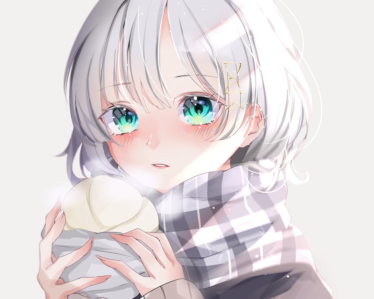 1girl solo scarf food holding blush holding food  illustration images