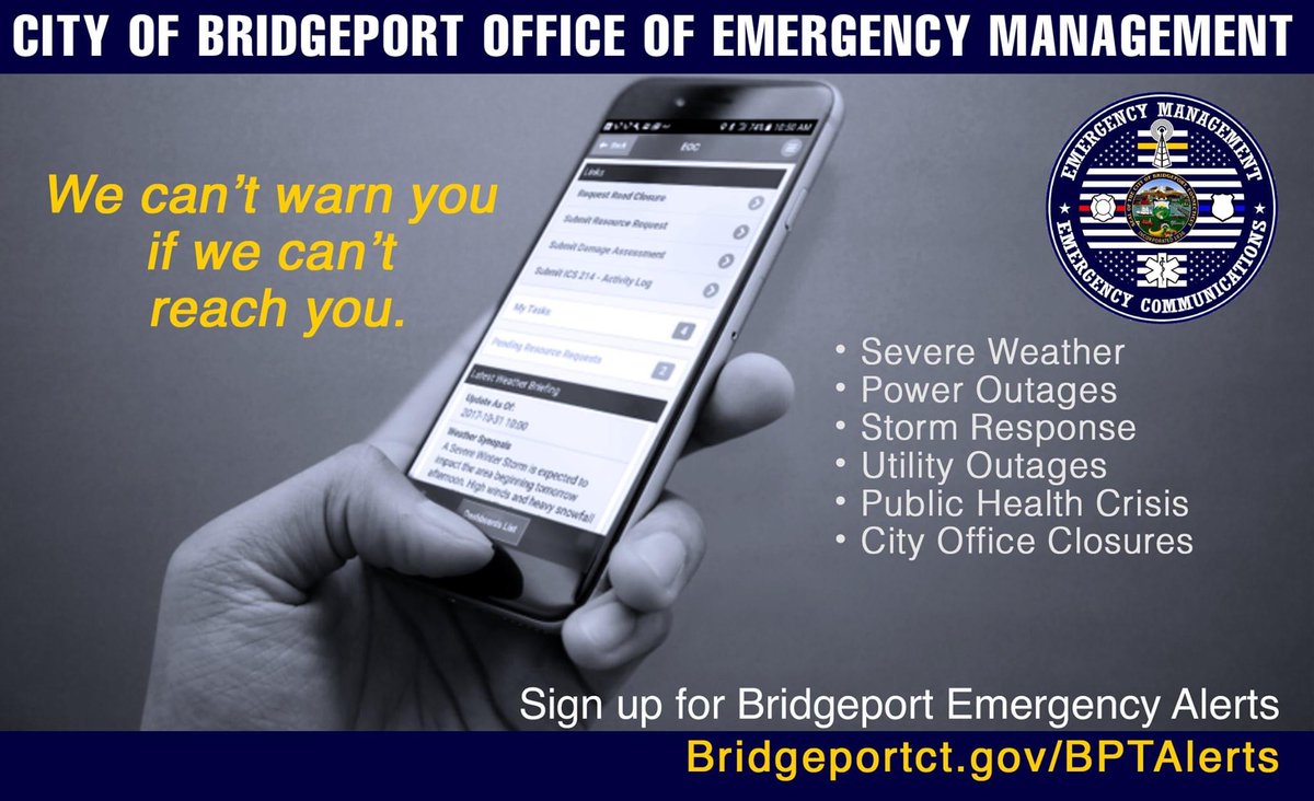 CityofBptCT's tweet photo. Stay informed on emergency updates and weather alerts from the City of Bridgeport.
Sign up for #BPTAlerts TODAY!
https://t.co/3qwsM00We8
#Bridgeport #BPTUpdates #EmergencyAlerts https://t.co/fBPujhSXuB