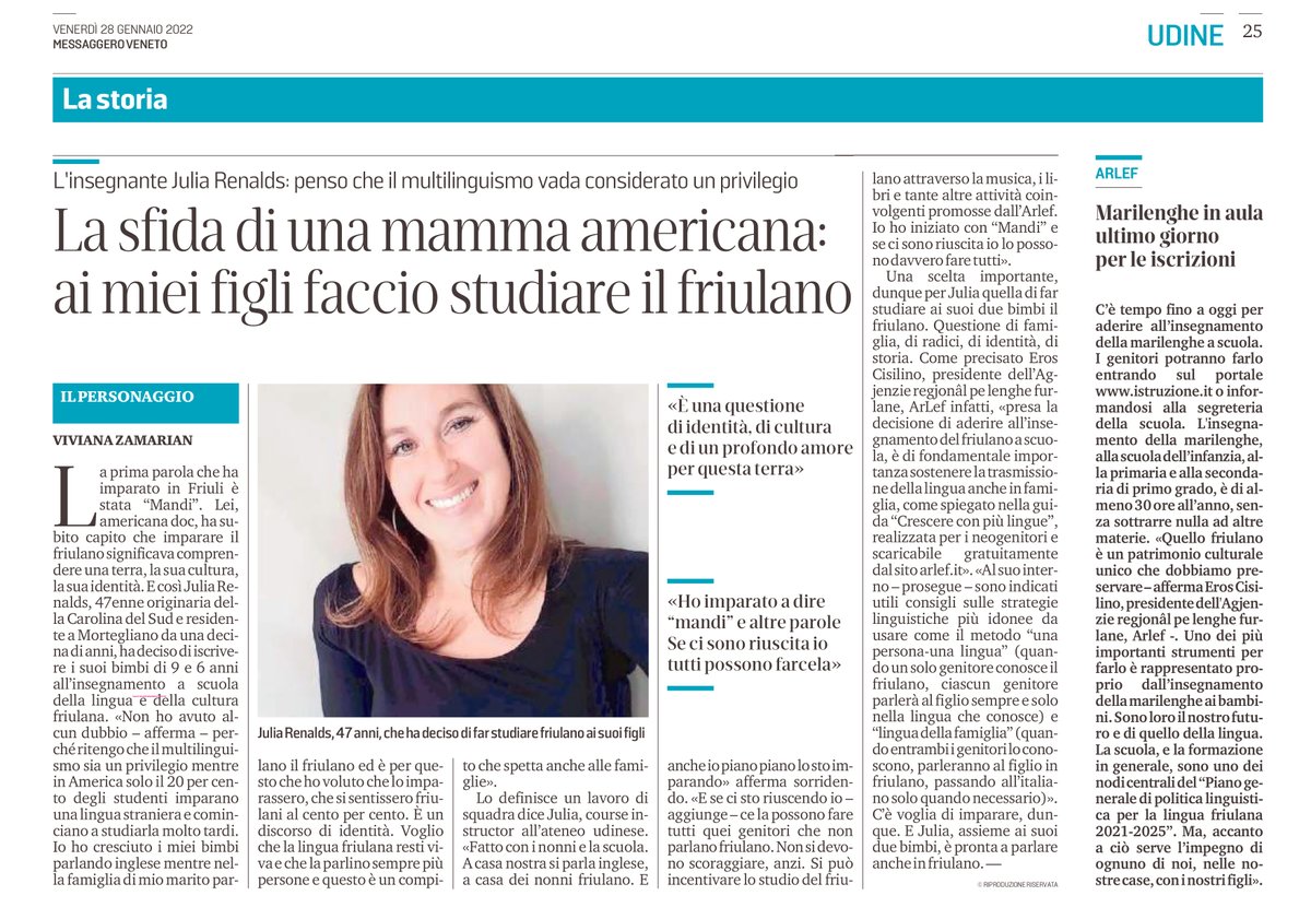 Agjenzie_Arlef's tweet photo. Julia, mame americane che e vîf in Friûl, no à vût dubis: pai siei fîs e à sielt il #furlan, sedi a cjase che a scuele. Cumò i siei fruts a fevelin benon furlan, talian e #inglês! Chi la sô interviste al @messveneto. Vuê ultime zornade par sielzi il furlan a #scuele. https://t.co/QfIz9Zl04t