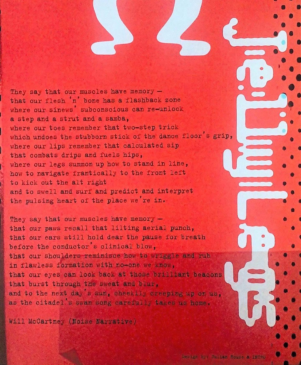 Will_McCartney_'s tweet photo. My poem ‘Muscle Memory’ lives on a rave flyer made by Julian House. He’s done artwork for Oasis, John Coltrane, Primal Scream, Gil Scott-Heron, Rolling Stones, The Prodigy &amp; book covers for Leonard Cohen &amp; Hunter S Thompson

Somehow, I don’t think I’ll make it in his LinkedIn bio https://t.co/XFfgyMUeZ3
