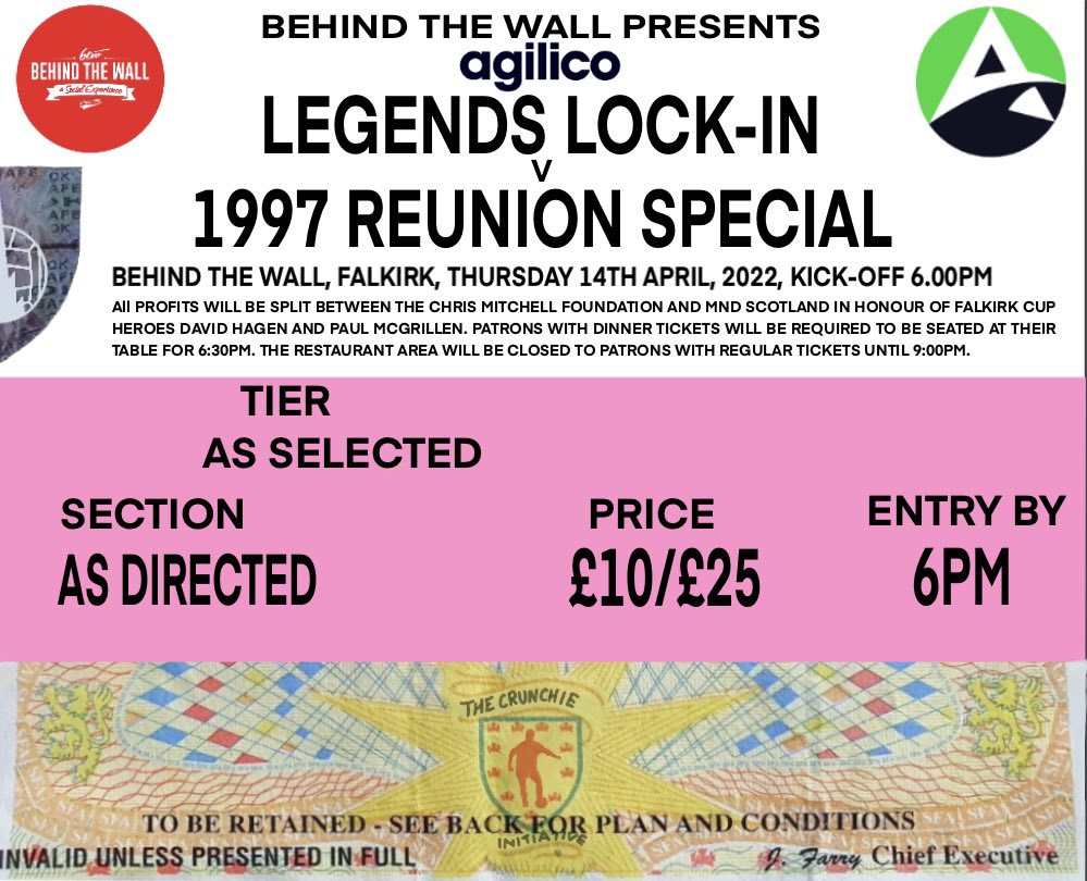 KM7Stand's tweet image. TICKETS ON SALE NOW!

Limited availability so buy yours soon to join in our night at @BTWFalkirk with @FalkirkFC’s 97 cup heroes for our @teamagilico ‘Legends Lock-In’.

All profits from ticket sales go to @MNDScotland and @CMFoundation_ 

Buy here👇🏻
eventbrite.co.uk/e/legends-lock…