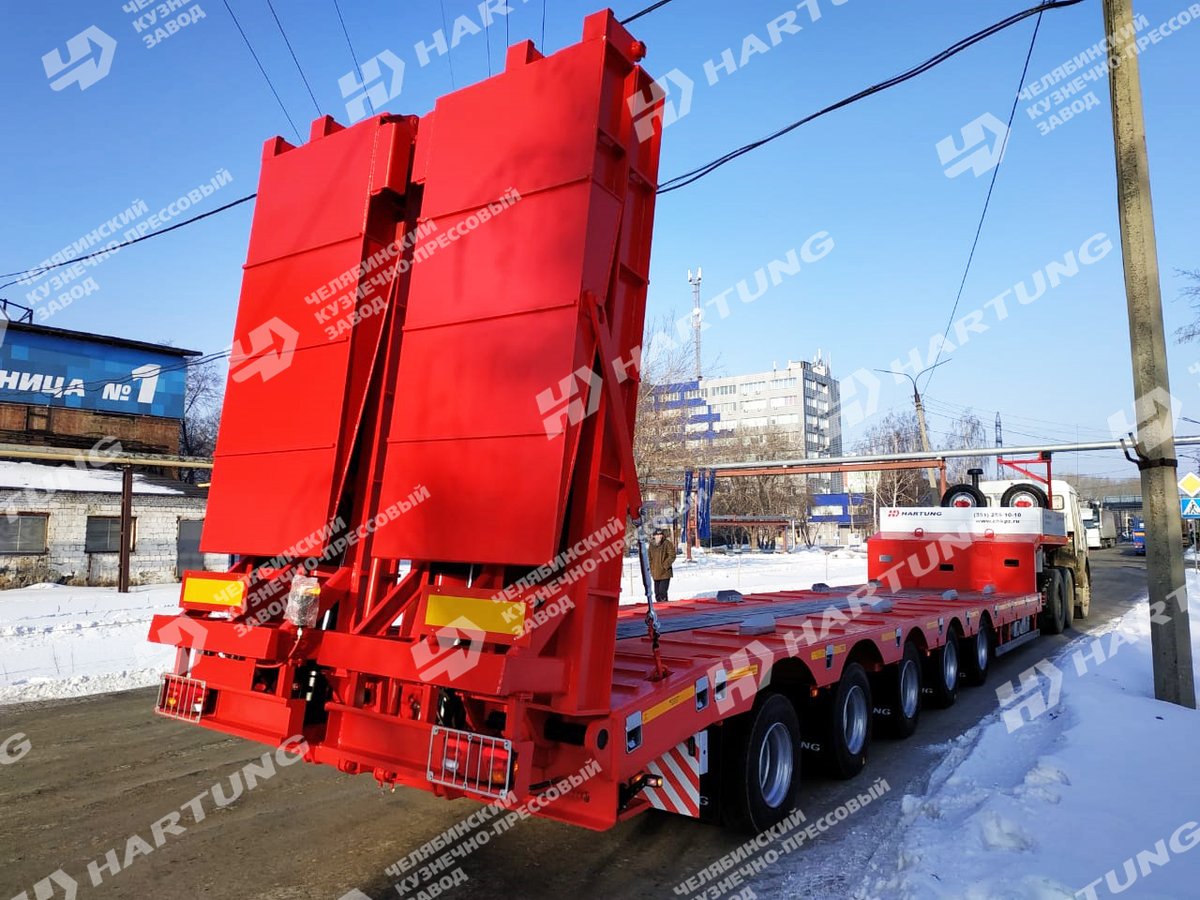 Низкорамный полуприцеп-тяжеловоз HARTUNG грузоподъемностью 60 тонн, 5 осей (4, 5-я – самоустанавливающиеся, 1-я – подъёмная), Гидротрапы двойного сложения с приводом от тягача и АГС.
#hartung #чкпз #полуприцепы #прицеп #низкорамныйтрал #купитьполуприцеп #усинск #новыйуренгой