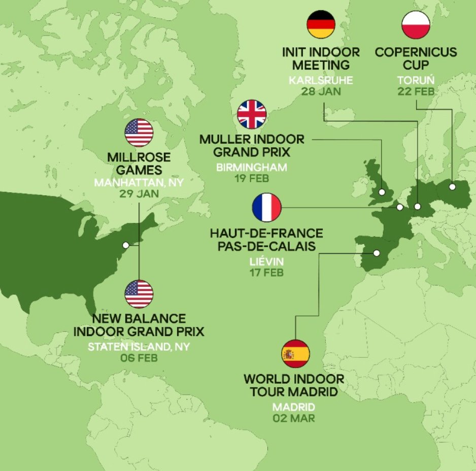 C'est parti pour la saison indoor qui débute ce soir avec le meeting de Karlsruhe (🇩🇪), premier des 7 meetings du World indoor tour.🗓️:Karlsruhe 28/01, Manhattan, 29/01, Staten Island 6/02, Lievin 17/02, Birmingham 19/02, Torun 22/02 Madrid 2/03

Mondiaux: 18-20/03, Belgrade 🇷🇸